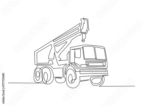 Towed car service in single outline illustration. Continuous line art drawing of evacuation car tow truck.