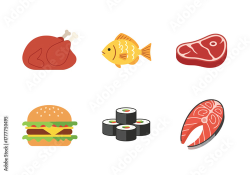 Diverse Food Icons Chicken, Fish, Steak, Burger, Sushi, Salmon – Delicious Culinary Illustrations for Design