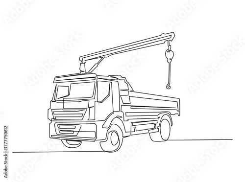 Towed car service in single outline illustration. Continuous line art drawing of evacuation car tow truck.