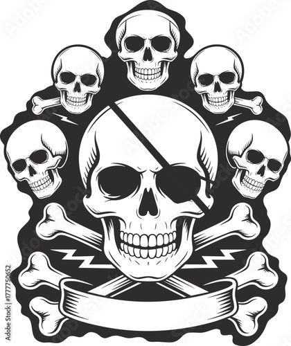 Skull and crossbones vector, eyepatch pirate skull with lightning bolts, danger symbol illustration, rebellious emblem with blank ribbon banner