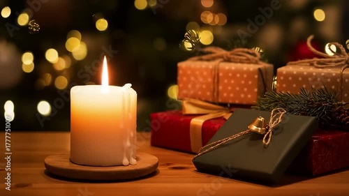 Burning Christmas candle with gifts and glowing Christmas tree lights.