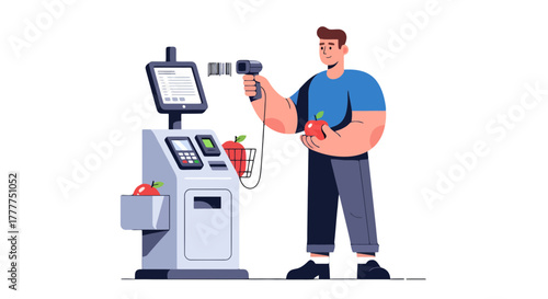 Modern Grocery Checkout Illustration: Person Scanning Apple in a Futuristic Retail Environment