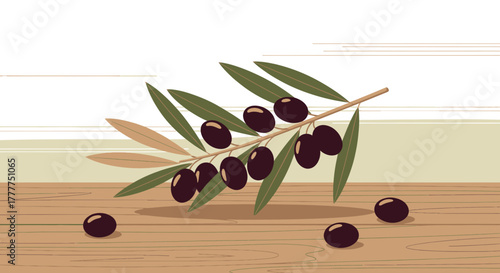 Olive Branch Depiction Resting On a Wooden Surface with Vivid Colors and Contrasts