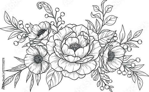 Detailed hand drawn floral arrangement with peonies and leaves isolated on white background