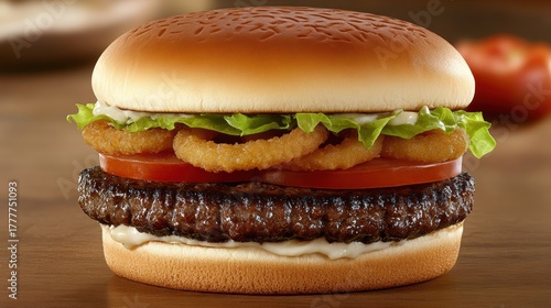 Delicious American burger with onion rings and fresh toppings