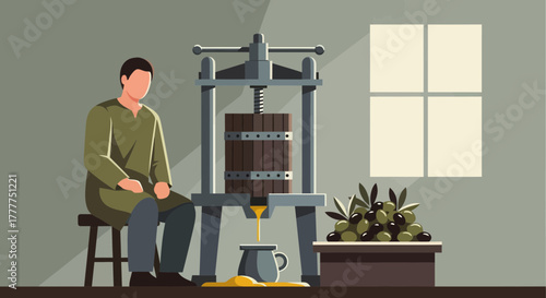 Olive Oil Extraction Process: A Man Observing Traditional Olive Pressing Operations