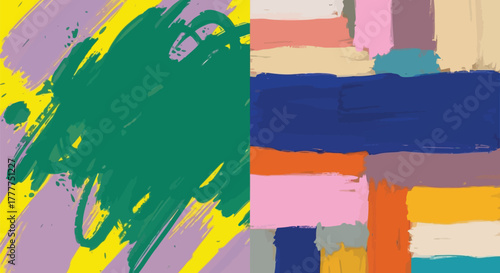 Bold abstract art dynamic green brushstrokes on striped yellow background contrasting with a composed, colorful mosaic of textured painted blocks