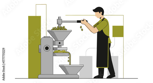 Olive Oil Extraction Process: A Worker Operates a Press in a Simplified Design