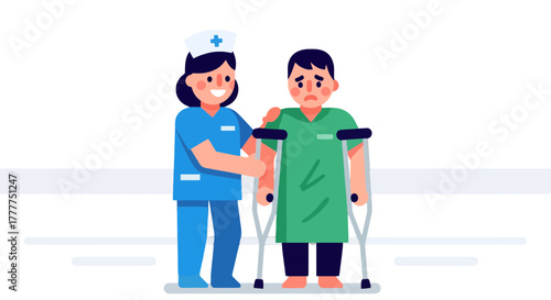 Nurse Supporting Patient With Crutches In A Hospital Setting Minimal Illustration