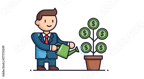 Nurturing Financial Growth Illustration: A Businessman Watering a Money Plant Symbolizing