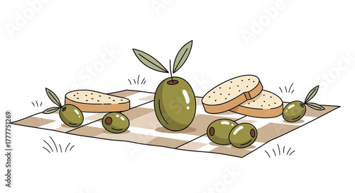 Olive Picnic Delight: Fresh Olives, Crusty Bread, and Cozy Picnic Arrangement, Deliciousness