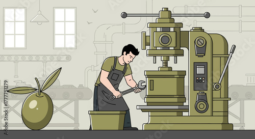 Olive Press Technician Adjusting Machine in Olive Oil Production Factory Process