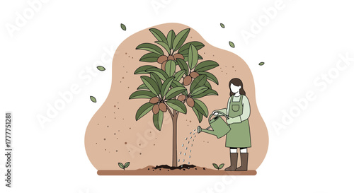Nurturing Growth: A Gardener Watering Young Fruit Tree in a Minimalist Vector Illustration