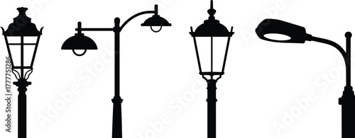 Street lamp silhouette vector, urban lighting design, vintage and modern pole styles, outdoor city light illustration, architectural element graphic