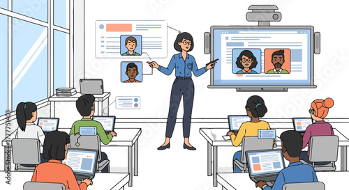 Online Classroom Illustration Featuring Educator in Virtual Lesson with Students