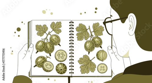 Observant Figure Examining A Detailed Botanical Illustration In A Sketchbook