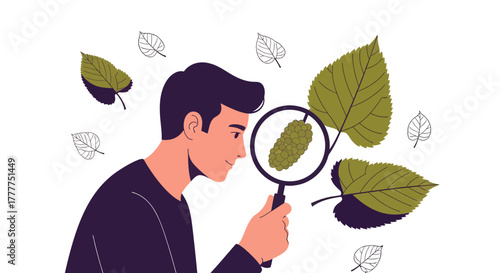 Observing Nature: A Man Inspecting Leaves Through a Magnifying Glass