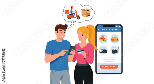 Online Food Ordering With Mobile Phone Using Application Concept Illustration