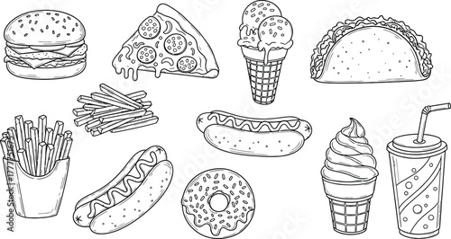 Collection of hand drawn fast food items isolated on white background