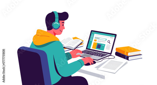 Online Learning and Research: A Student Immersed in Digital Study Surrounded By Books