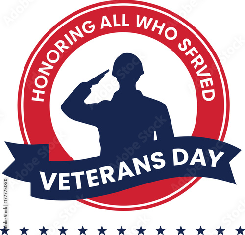 Veterans Day vector, saluting soldier silhouette, honoring all who served, patriotic emblem design, military tribute graphic, American holiday illustration