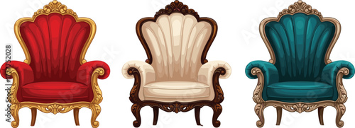 Vintage armchair trio vector, red, cream, and teal upholstery, ornate carved wood design, regal furniture illustration, classic interior decor set