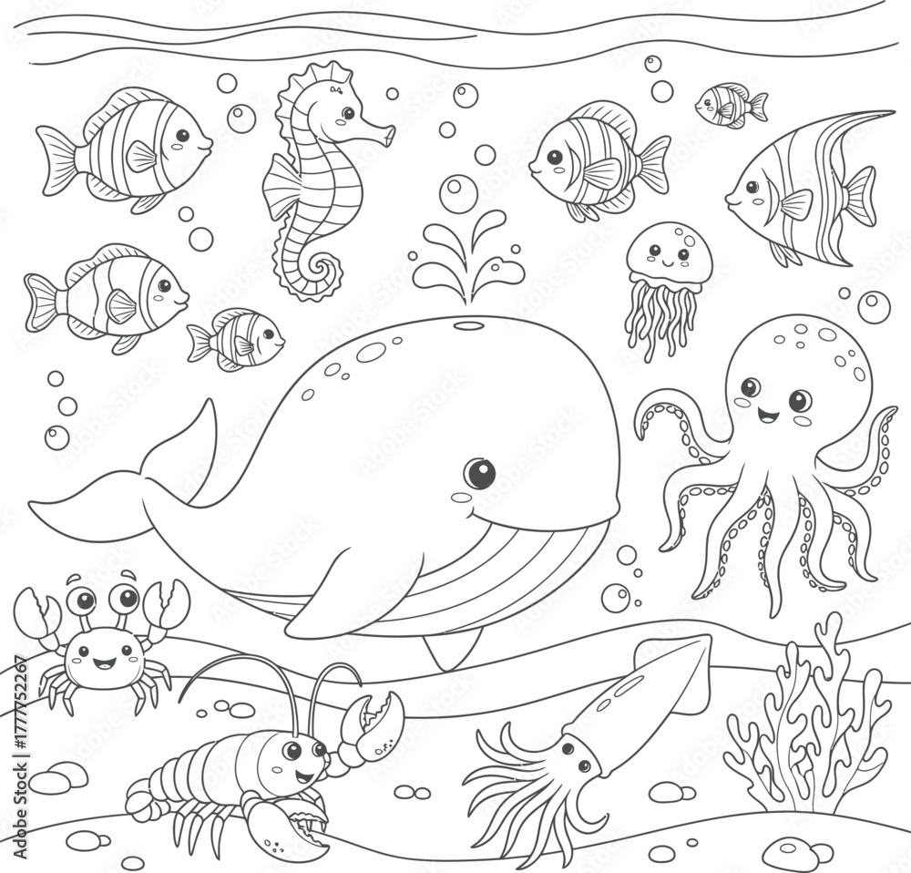 Obraz premium Whimsical underwater scene with friendly marine animals coloring page isolated on white background
