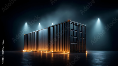 An illuminated shipping container in a dark environment, showcasing modern logistics and transport solutions.