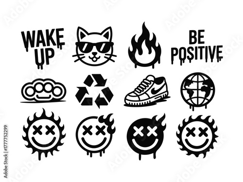 Collection of black and white graphic icons including text phrases and symbols wake positive