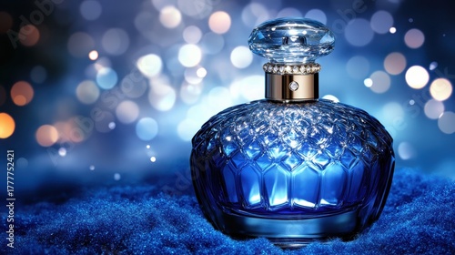 Elegant sapphire blue perfume bottle with faceted crystal design