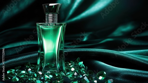 Elegant emerald green perfume bottle on shimmering fabric background