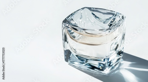 Geometric perfume bottle reflecting light on a white surface