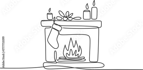 Christmas fireplace stocking candles line art drawing holiday decoration home