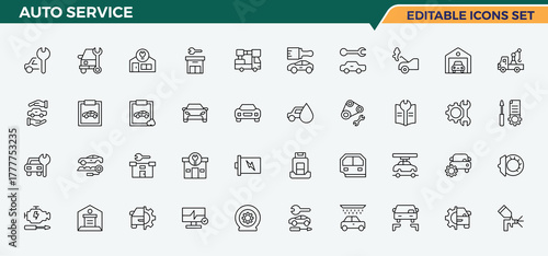 Auto Service linear icon collection. Contains such symbols as car parts, vehicle, car repair, engine and more. Car Repair icon set. Minimal icons collection. Pixel perfect. Vector illustration.
