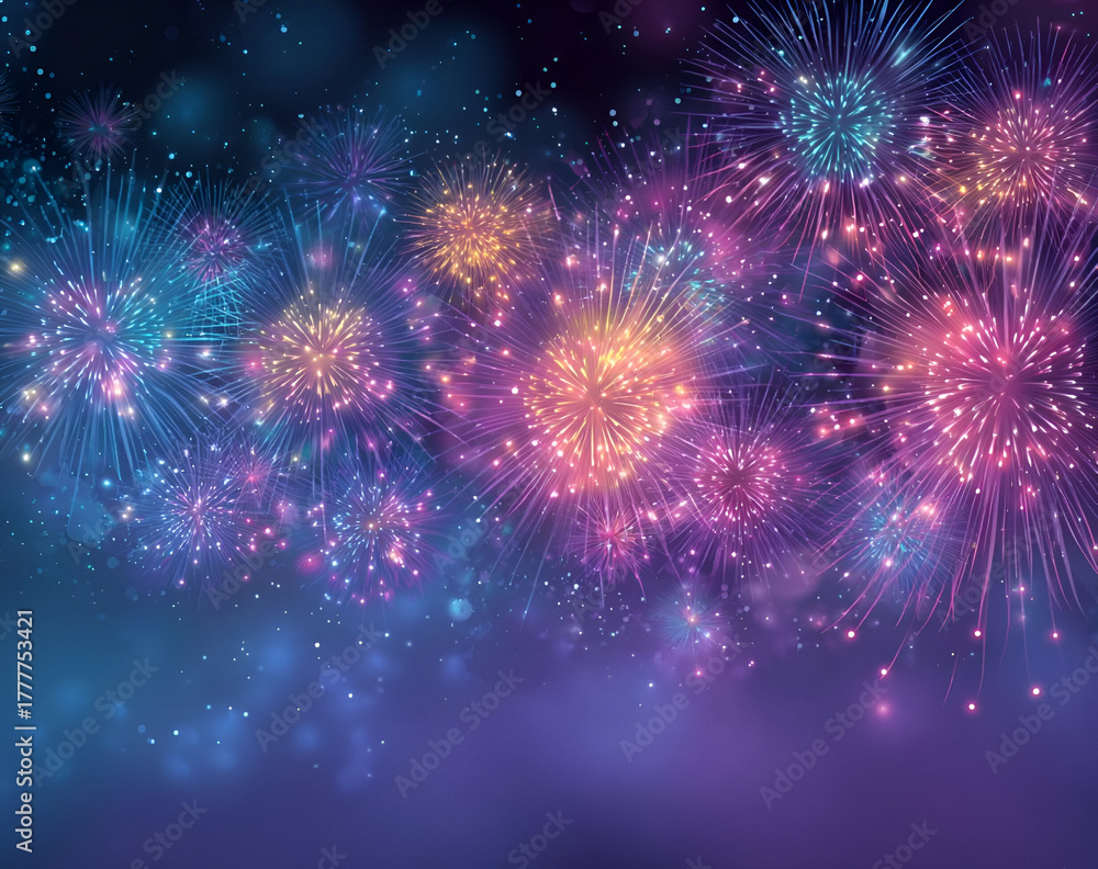 Fototapeta premium Colorful fireworks burst in a night sky, creating a festive atmosphere perfect for celebrations and events.