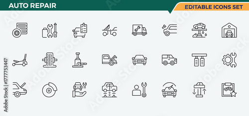 Auto Repair icon set. Related to mechanic, automotive, service, automatic, car and more. Car Repair line icon set. Outline icons in linear style. Editable vector art and illustration.