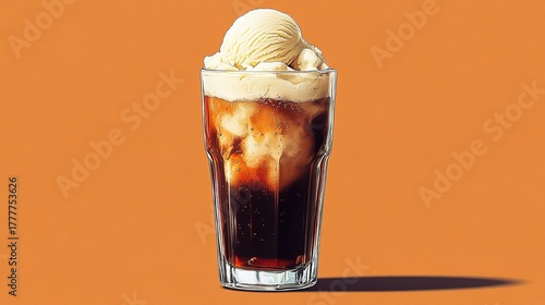 Refreshing root beer float with vanilla ice cream in a tall glass on orange background