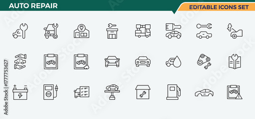 Auto Repair icon set. Related to mechanic, automotive, service, automatic, car and more. Car Repair line icon set. Outline icons in linear style. Editable vector art and illustration.