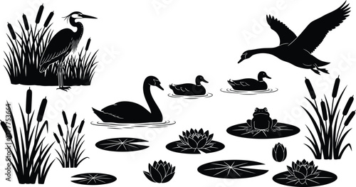 Silhouette collection of waterfowl and reeds isolated on white background