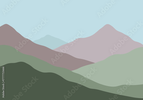 Layered mutedcolor silhouette landscape of rolling mountains and hills under a pale sky