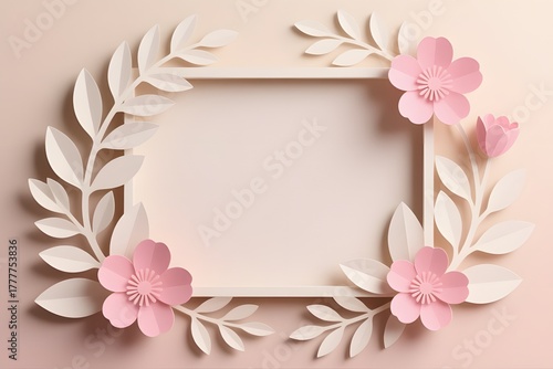 Elegant pastel floral paper art frame with pink flowers and beige leaves background