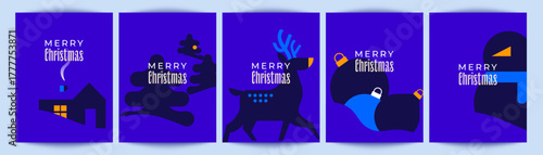 Modern minimalist Christmas card set in blue tones with reindeer, tree, house, baubles, and snowman. Clean geometric shapes, Scandinavian style. Perfect for prints, posters, and holiday design.