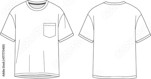 Short sleeve T-shirt technical sketch, front and back view, fashion flat drawing, chest pocket detail, apparel design, garment template