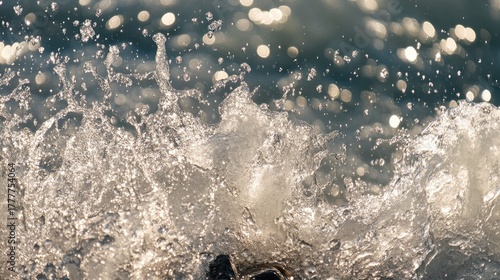 Jagged ice formation with water splashing around rocks