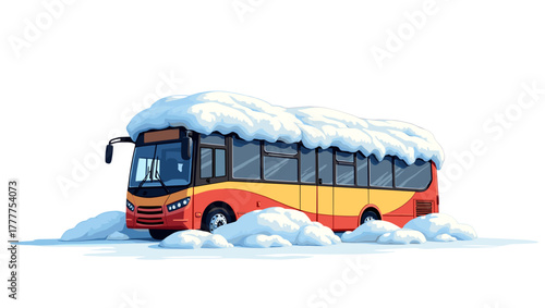 Red and yellow city bus covered with thick snow on the roof and ground, concept of winter transport and cold season, Snow on bus roof