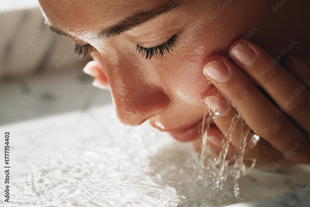 Fototapeta premium Close-up of a woman washing her face with fresh water, glistening skin and delicate eyelashes in a gentle skincare and self-care ritual
