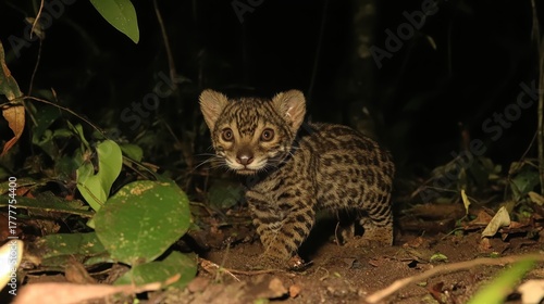 Jaguarundi cat looking directly towards the camera at night