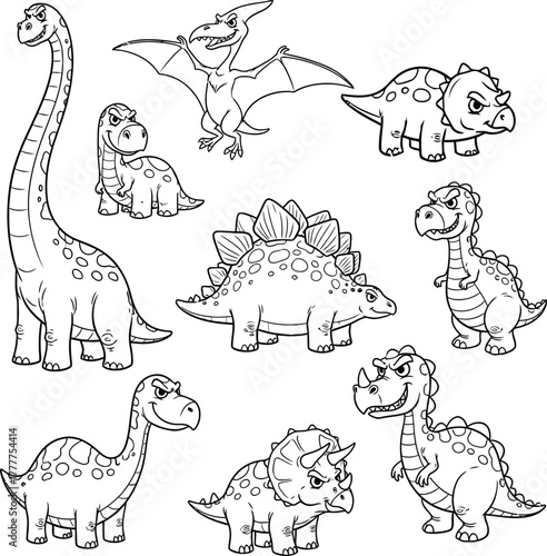 Collection of hand drawn dinosaur illustrations in black and white isolated on white background