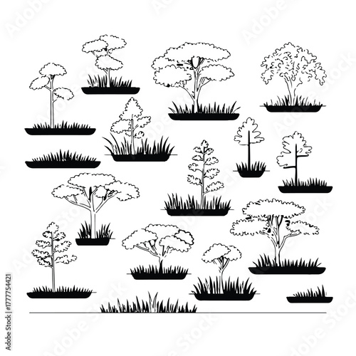 Architectural landscape drawing in minimal CAD style ? clean black linework, side view of various wetland forest trees (such as cypress, willow, mangrove, alder, etc.).