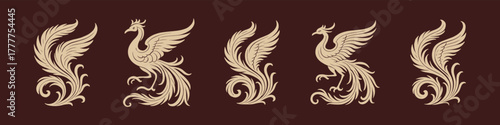 Majestic phoenix birds with ornate wings and feathers. Decorative golden tones for vintage elegance